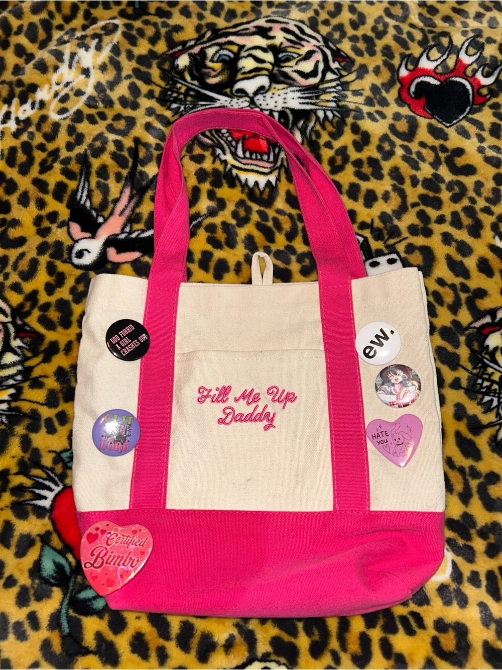 Spencer's Cream Canvas Mini Tote with Hot Pink Accents